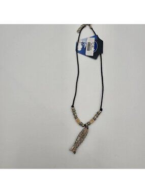 Fish Bone Pendant Necklace With Beaded Cord & Adjustable Closure